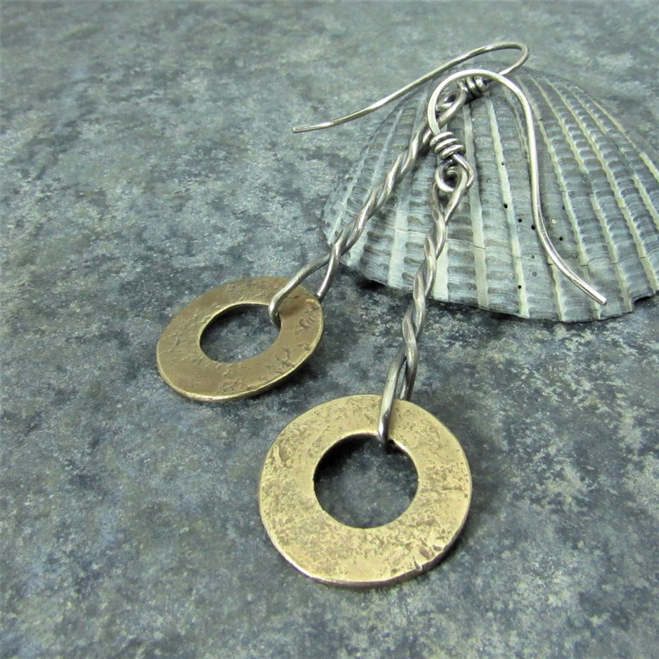 Mixed Metal Disk Earrings, Argentium Sterling Silver And Bronze, Two Tone