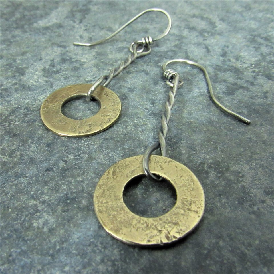 Mixed Metal Disk Earrings, Argentium Sterling Silver And Bronze, Two Tone