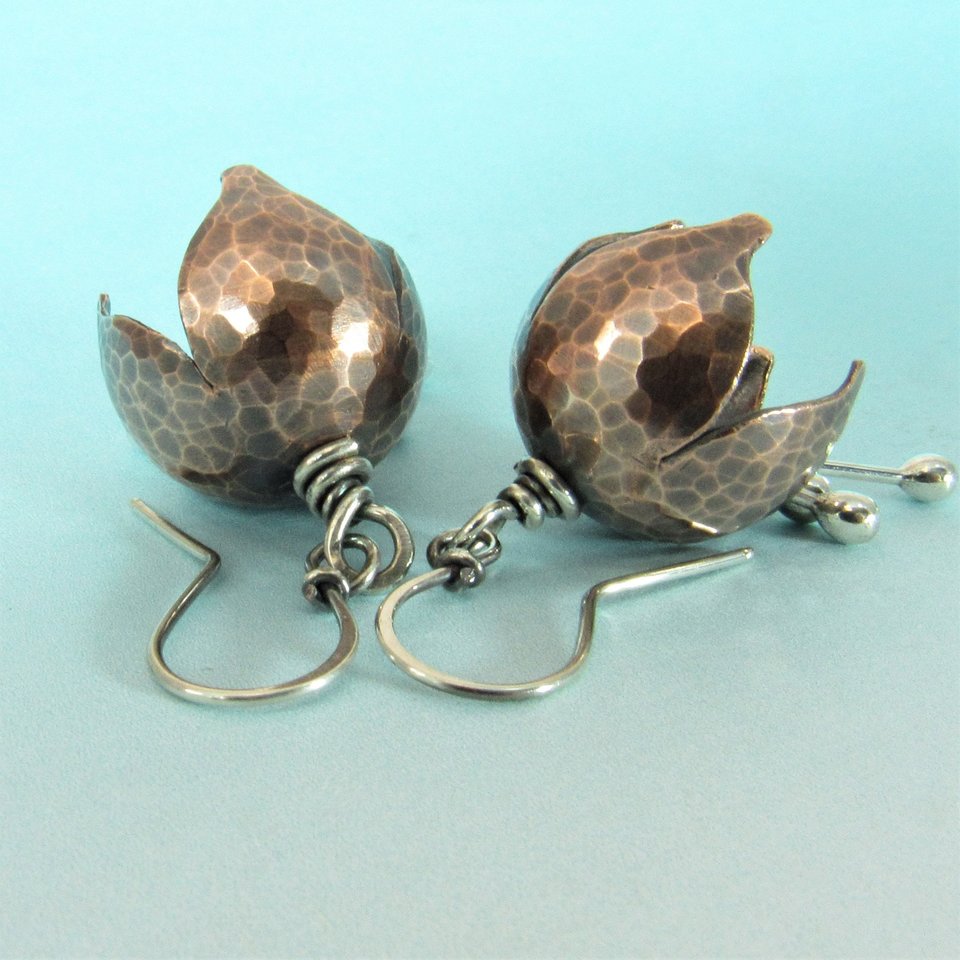 Soulful Sterling Silver And Copper Bell Flower Earrings