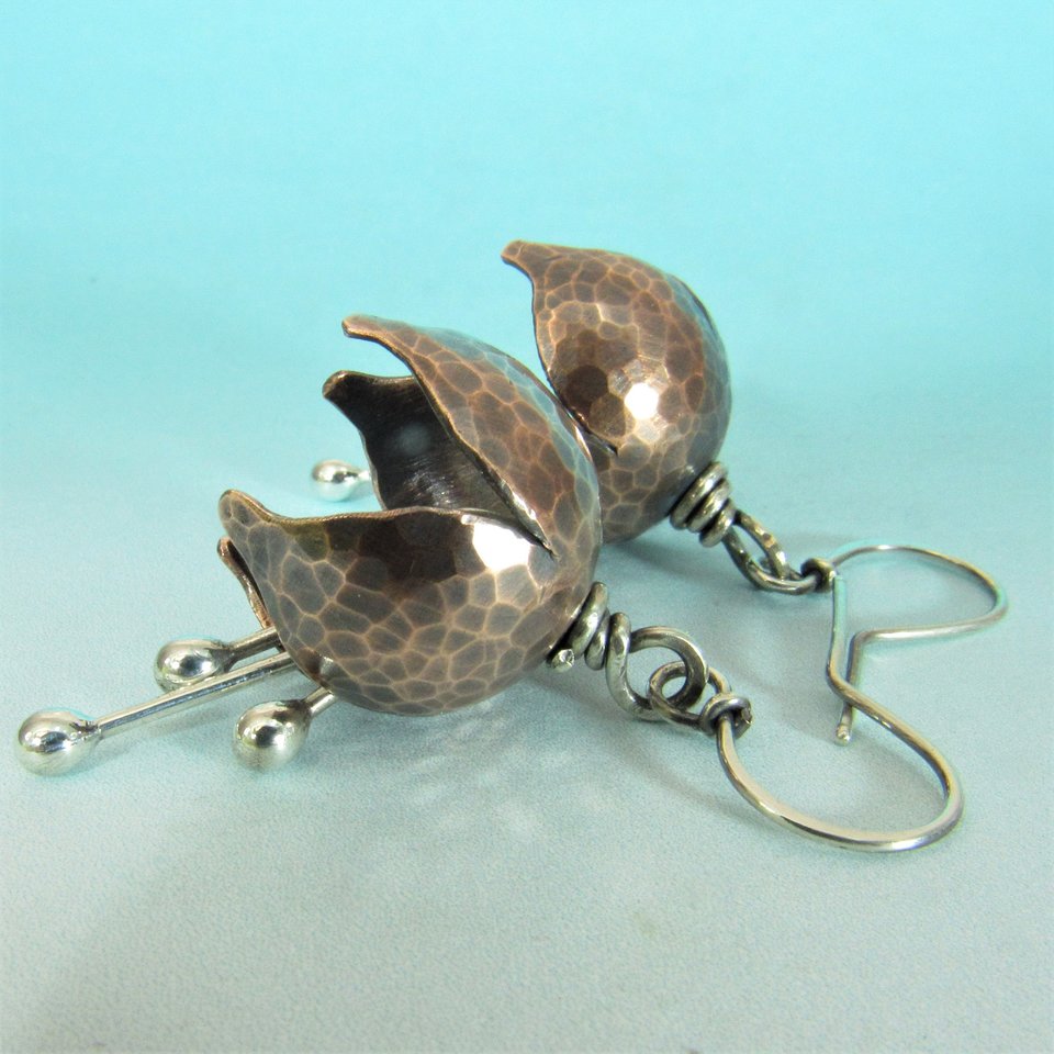 Soulful Sterling Silver And Copper Bell Flower Earrings