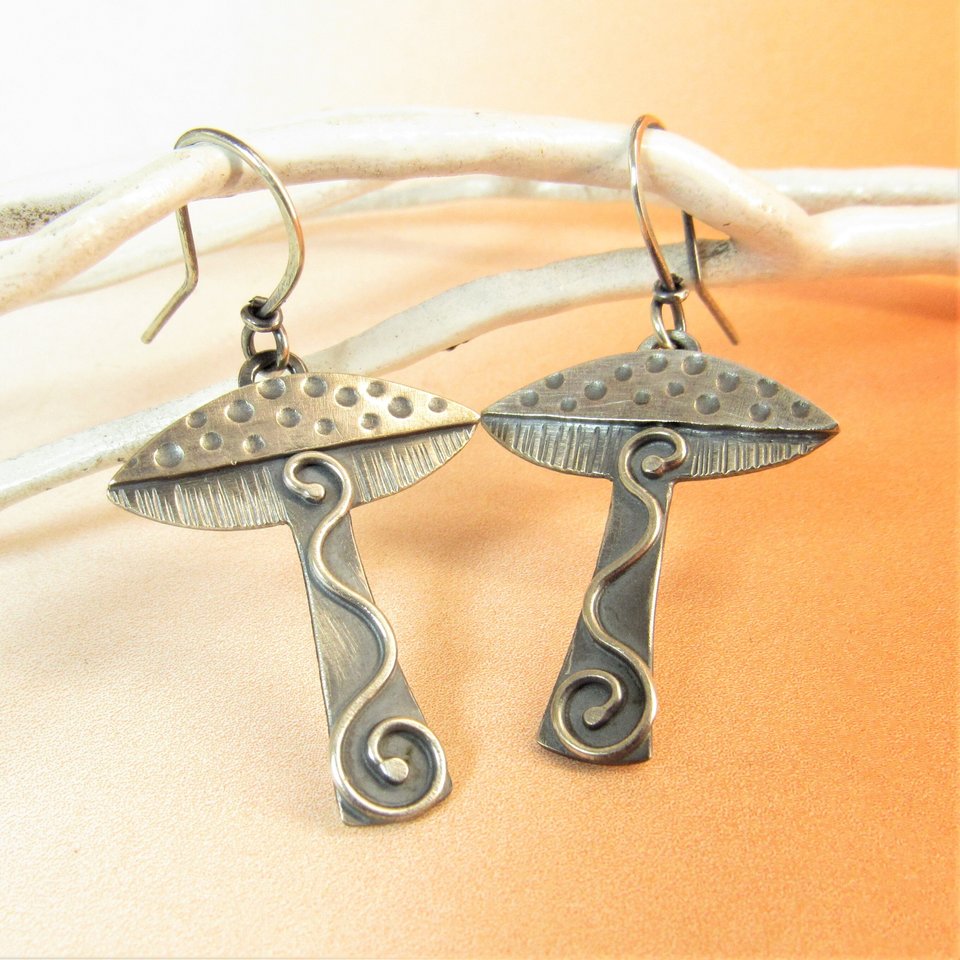 Whimsical Mushroom Earrings, Argentium Sterling Silver Fungi Jewelry