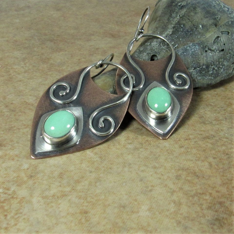 Mint Variscite Copper Sterling Silver Earrings, Boho Mixed Metal Jewelry