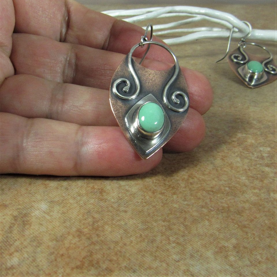 Mint Variscite Copper Sterling Silver Earrings, Boho Mixed Metal Jewelry