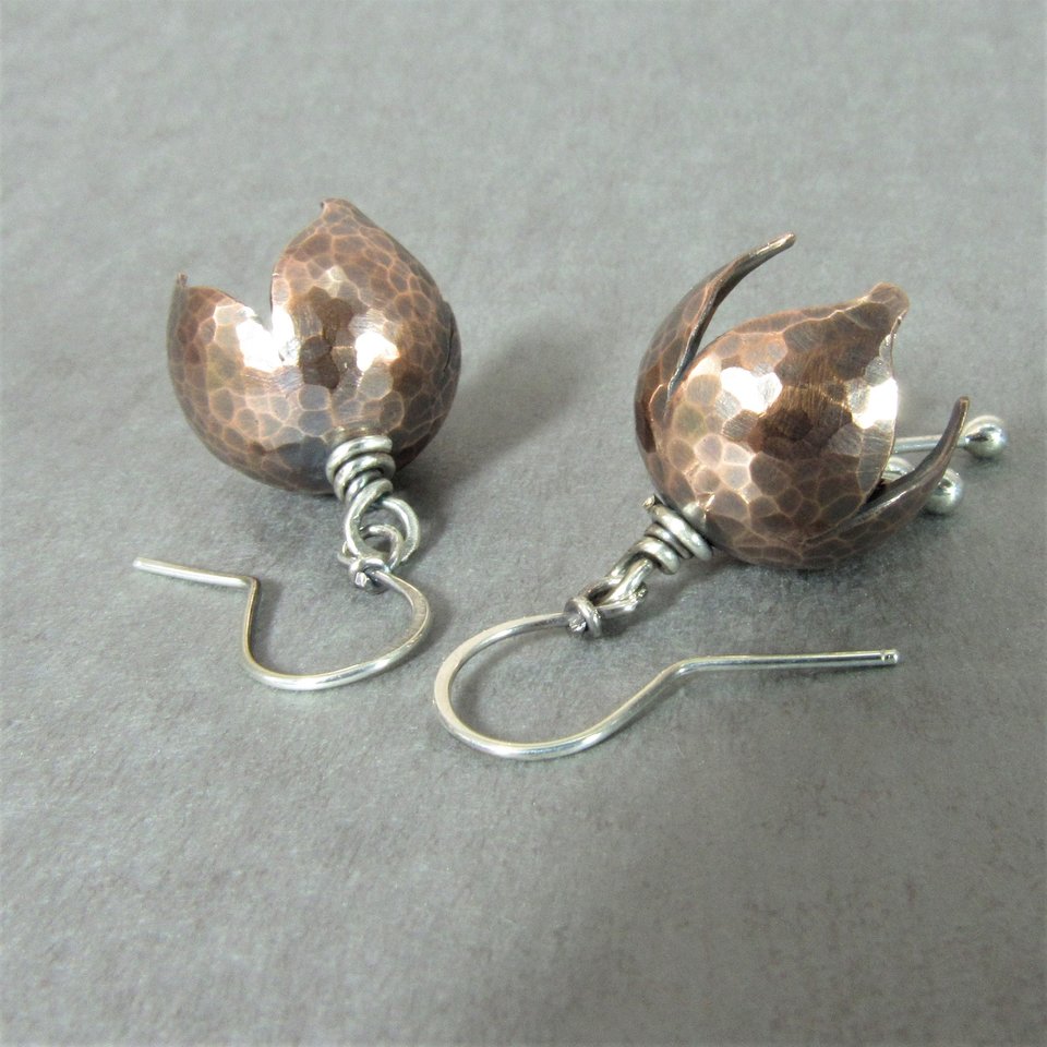 Soulful Sterling Silver And Copper Bell Flower Earrings