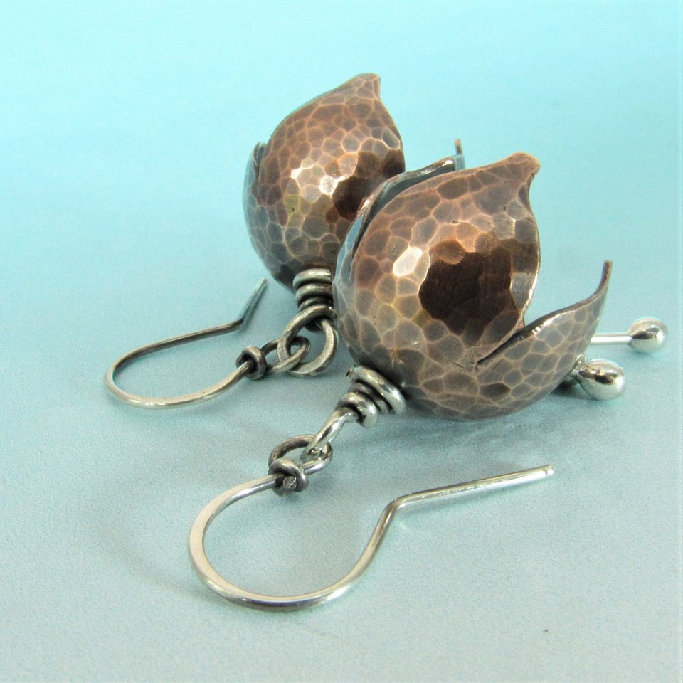 Soulful Sterling Silver And Copper Bell Flower Earrings
