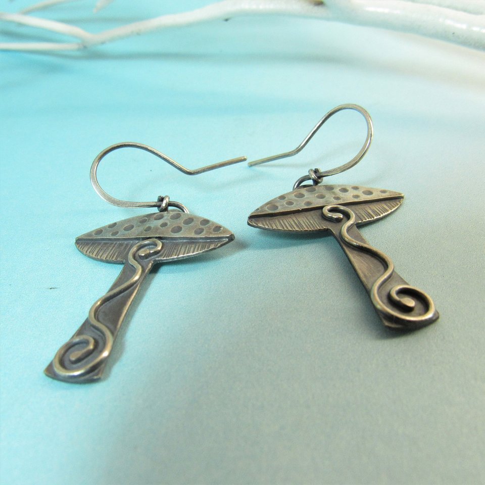 Whimsical Mushroom Earrings, Argentium Sterling Silver Fungi Jewelry