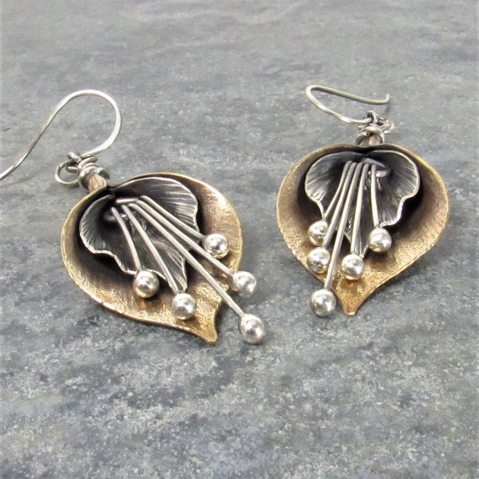 Mixed Metal Lily Earrings, Exotic Flower Earrings In Two Tone Bronze And Sterling Silver
