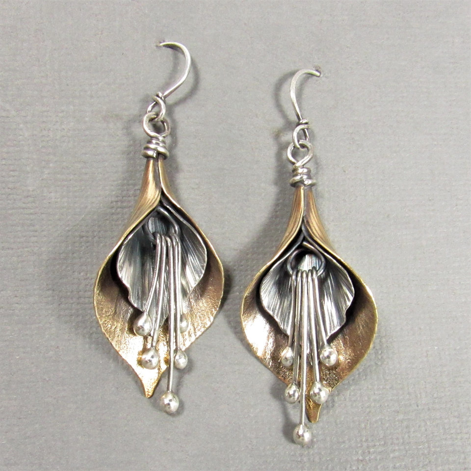 Mixed Metal Lily Earrings, Exotic Flower Earrings In Two Tone Bronze And Sterling Silver