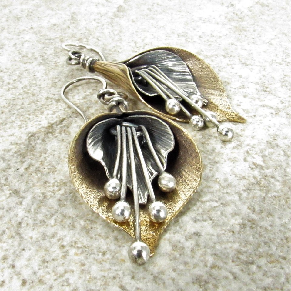 Mixed Metal Lily Earrings, Exotic Flower Earrings In Two Tone Bronze And Sterling Silver