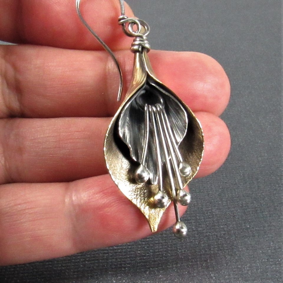 Mixed Metal Lily Earrings, Exotic Flower Earrings In Two Tone Bronze And Sterling Silver