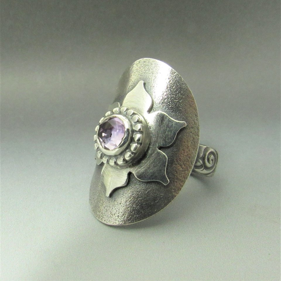 Amethyst Lotus Saddle Ring, Argentium Silver Size 8.5