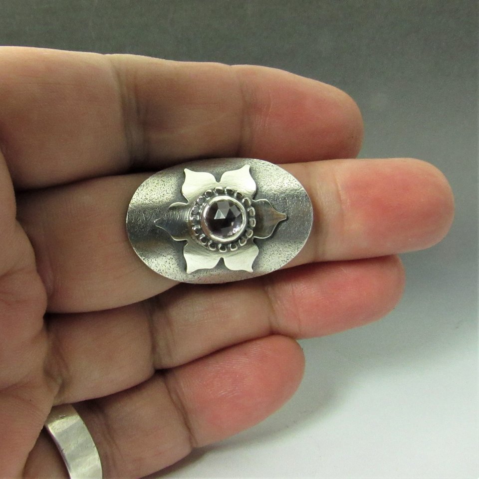 Amethyst Lotus Saddle Ring, Argentium Silver Size 8.5