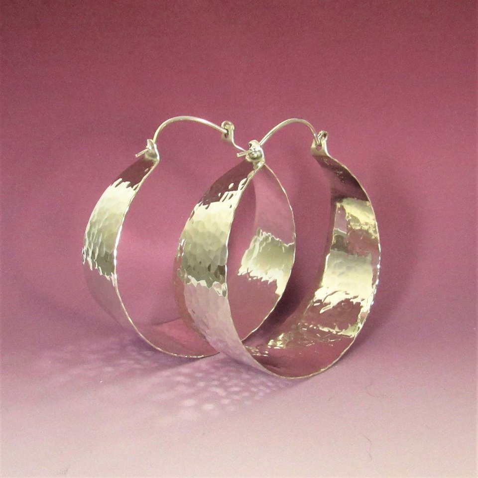 Hammered Argentium Sterling Silver Hoop Earrings, Large Statement Jewelry