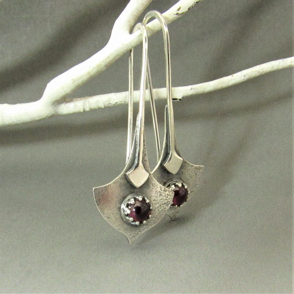 Argentium Silver And Garnet Earrings, Tribal Style Modern Metalsmith Jewelry