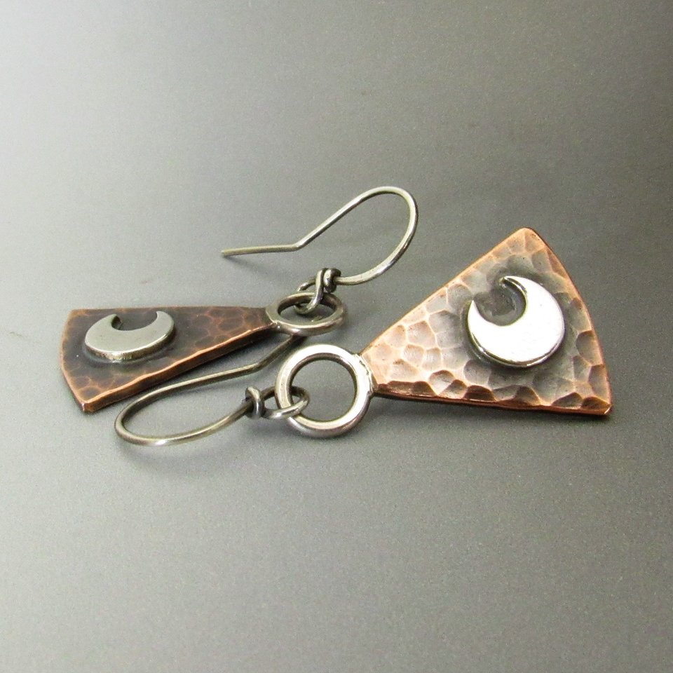 Moon Earrings, Sterling Silver And Copper Earrings, Geometric Mixed Metal  Lunar Jewelry By Mocahete