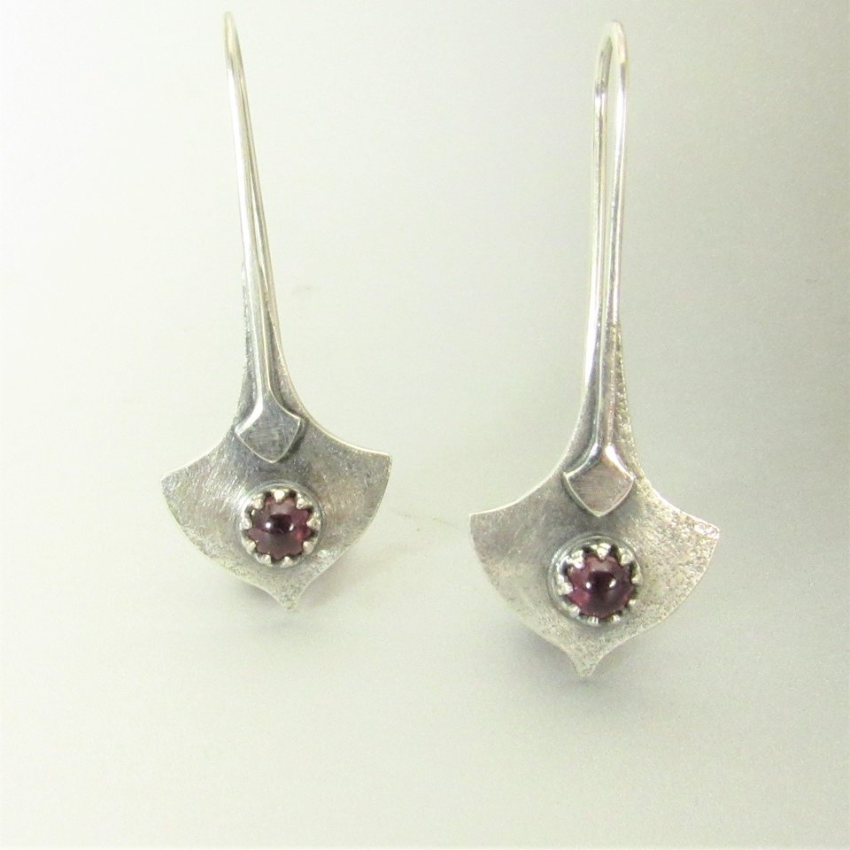 Argentium Silver And Garnet Earrings, Tribal Style Modern Metalsmith Jewelry