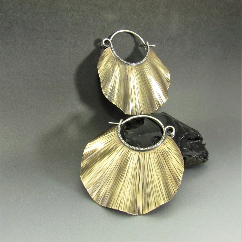 Large Ruffled Brass Earrings With sterling Silver Ear Wires, Nu Gold, Bohemian Style