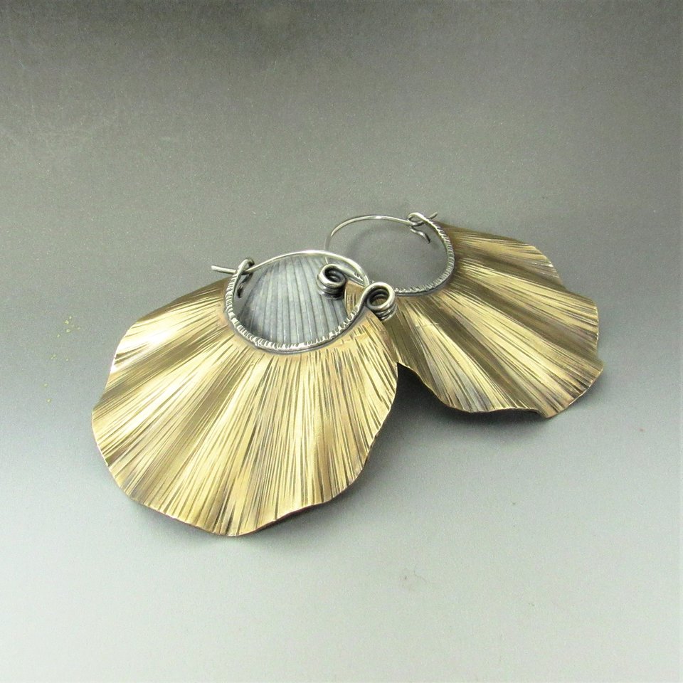 Large Ruffled Brass Earrings With sterling Silver Ear Wires, Nu Gold, Bohemian Style
