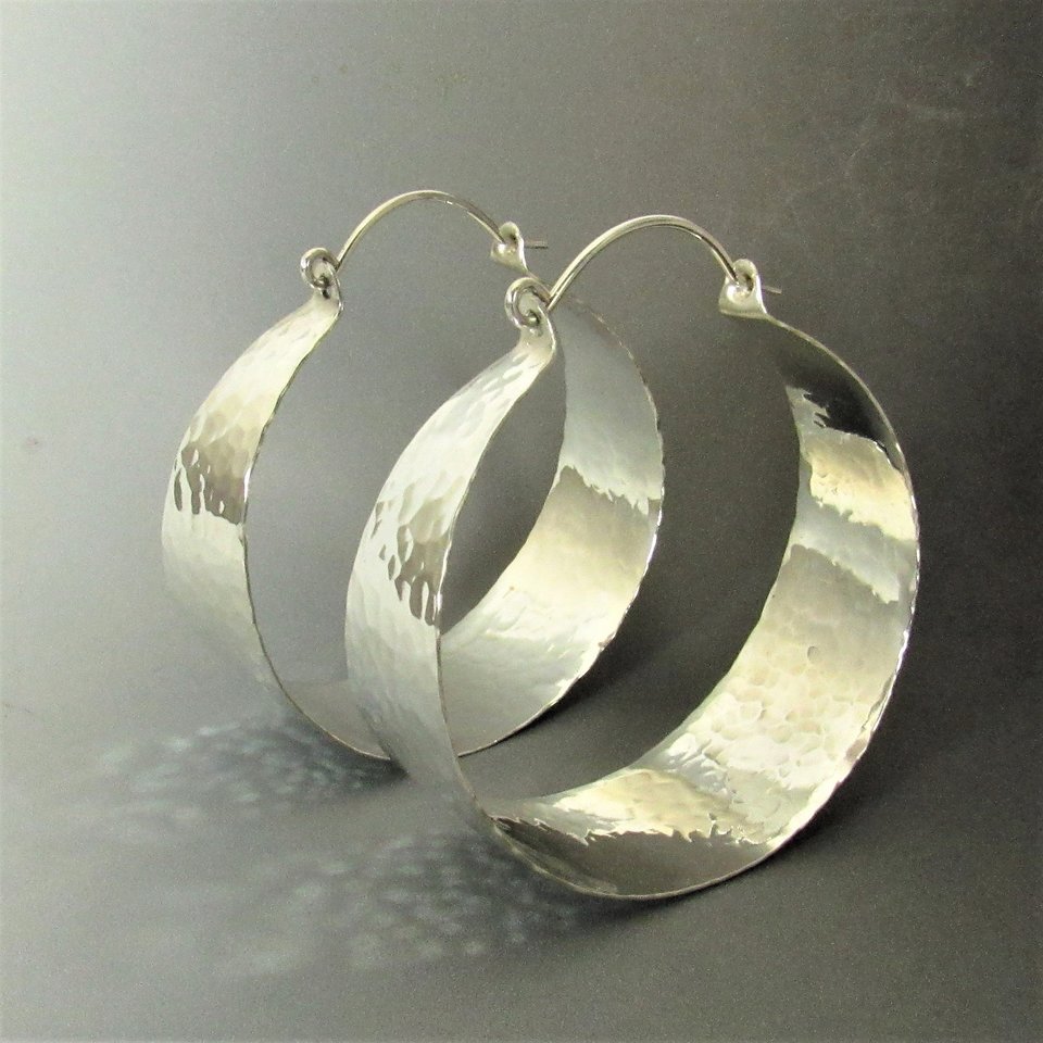 Hammered Argentium Sterling Silver Hoop Earrings, Large Statement Jewelry