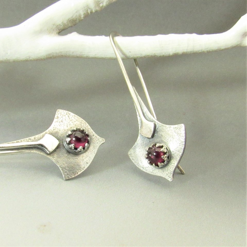 Argentium Silver And Garnet Earrings, Tribal Style Modern Metalsmith Jewelry