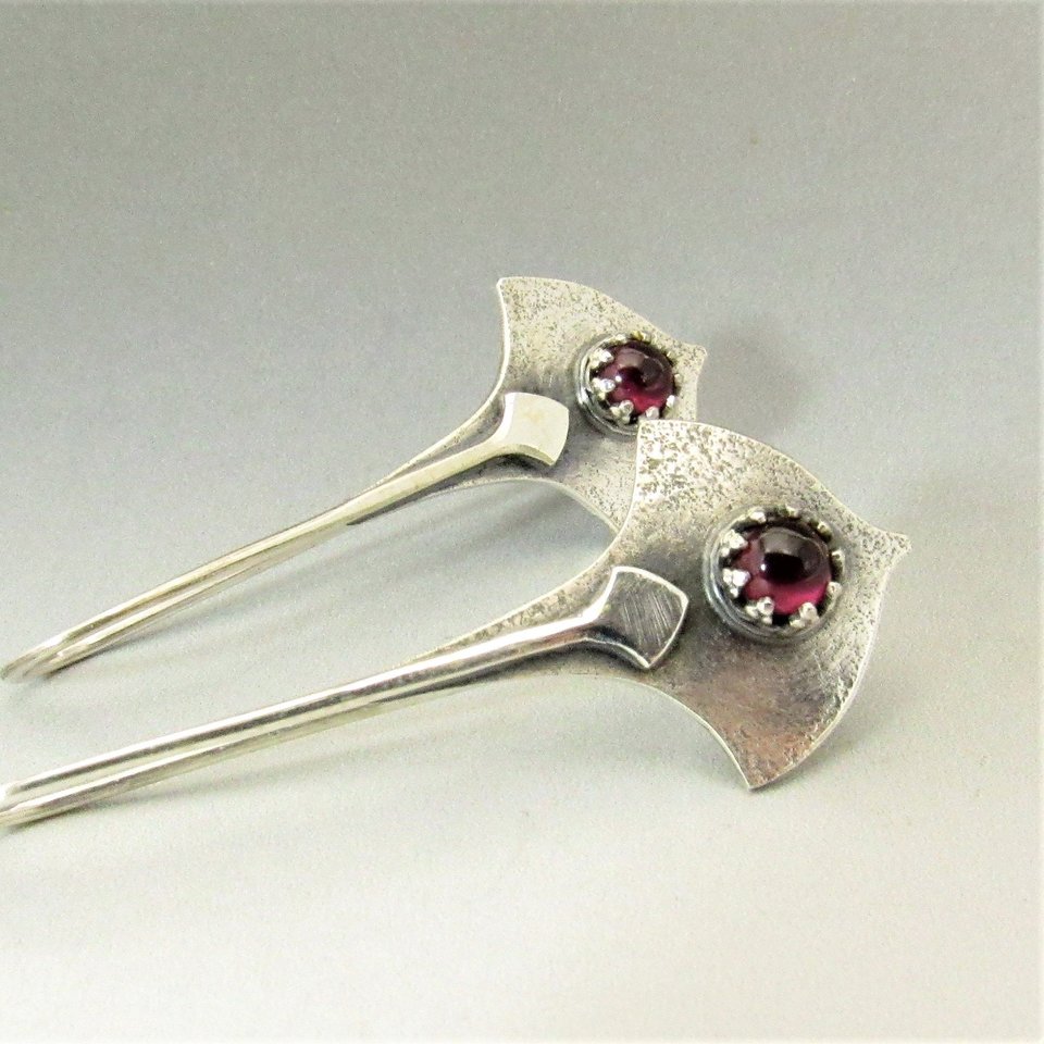 Argentium Silver And Garnet Earrings, Tribal Style Modern Metalsmith Jewelry