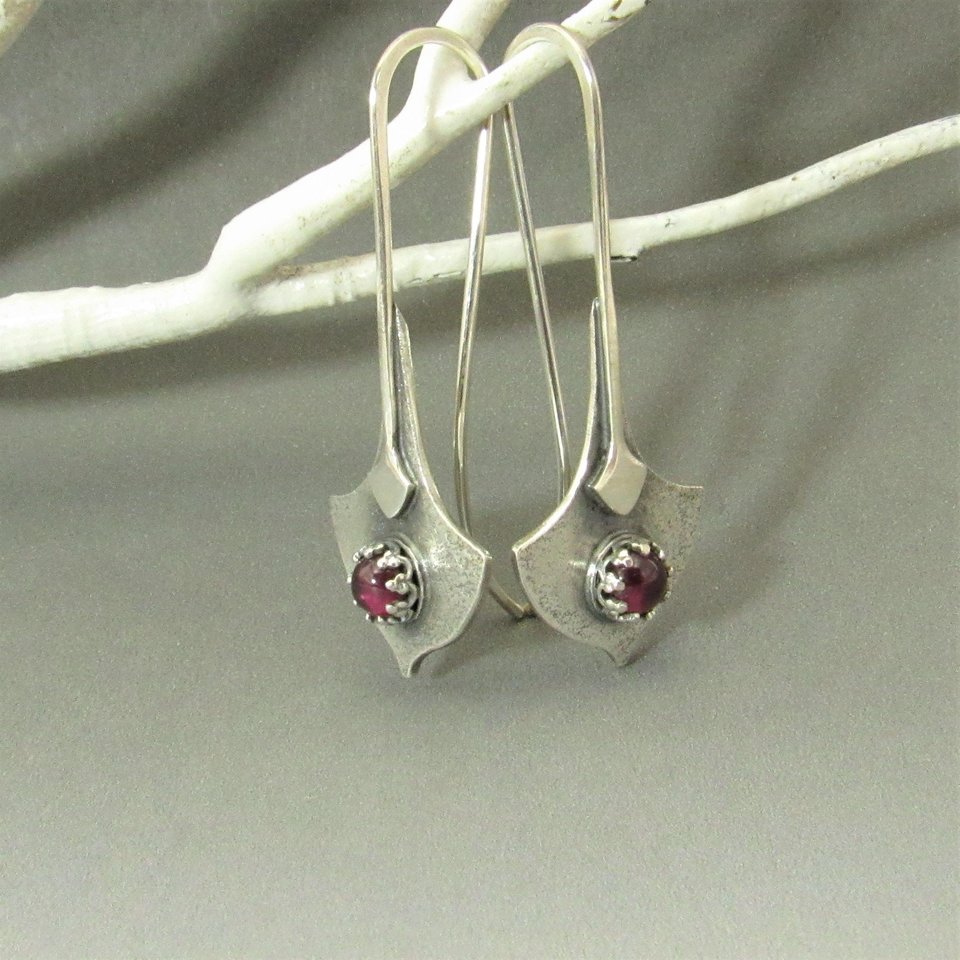 Argentium Silver And Garnet Earrings, Tribal Style Modern Metalsmith Jewelry