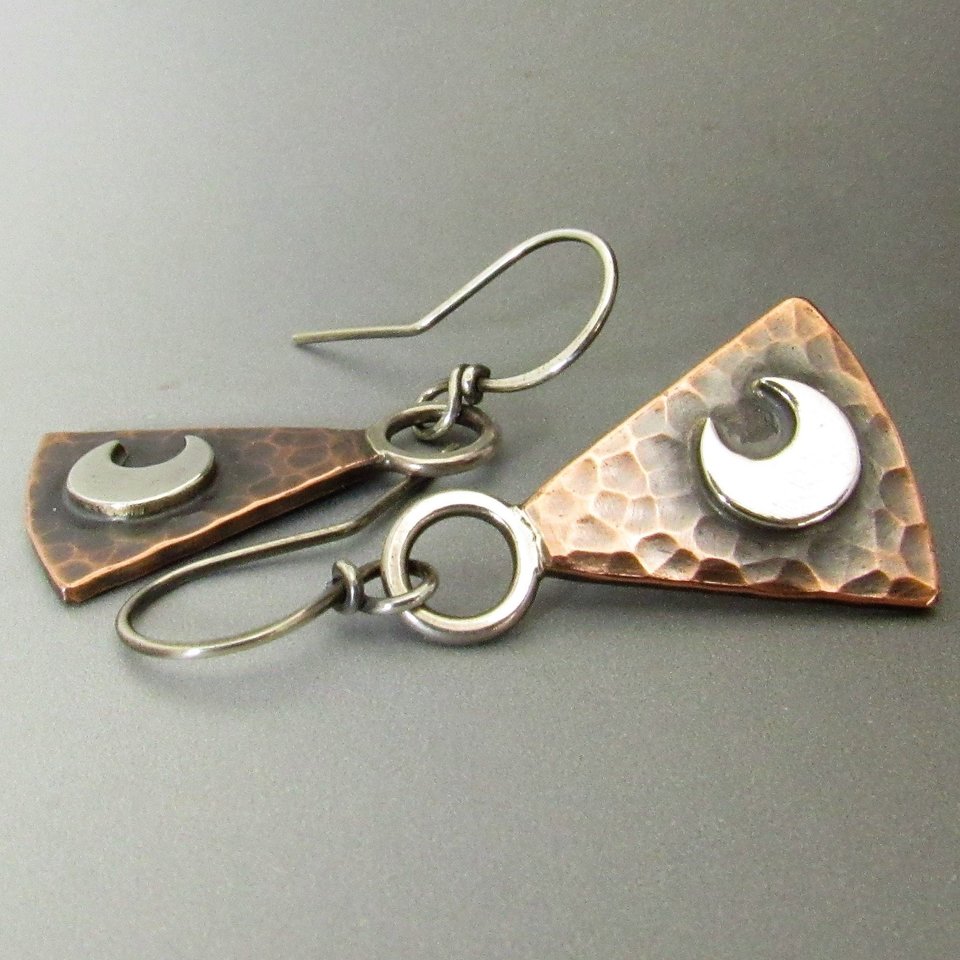 Moon Earrings, Sterling Silver And Copper Earrings, Geometric Mixed Metal  Lunar Jewelry By Mocahete