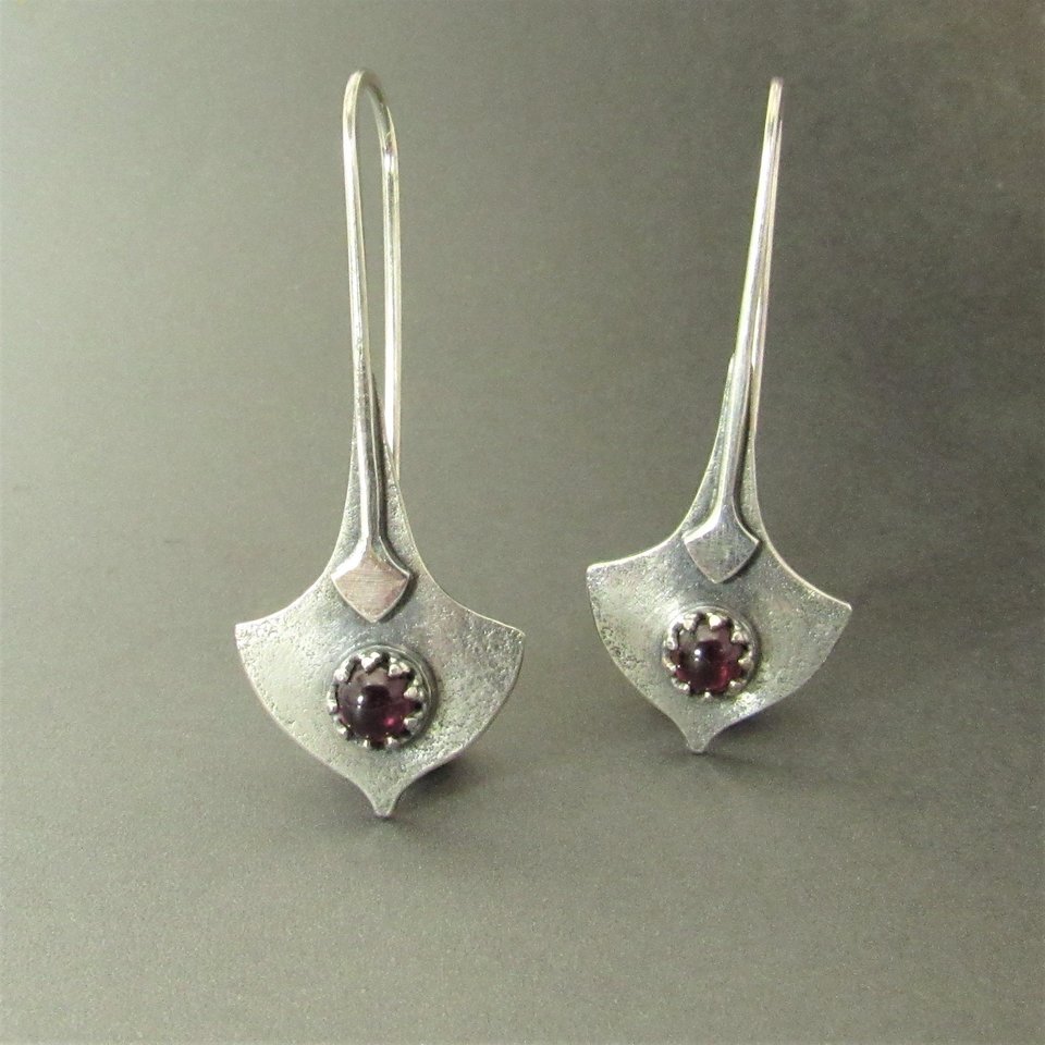 Argentium Silver And Garnet Earrings, Tribal Style Modern Metalsmith Jewelry