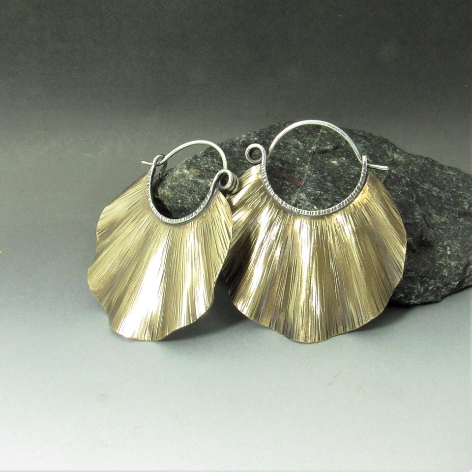 Large Ruffled Brass Earrings With sterling Silver Ear Wires, Nu Gold, Bohemian Style