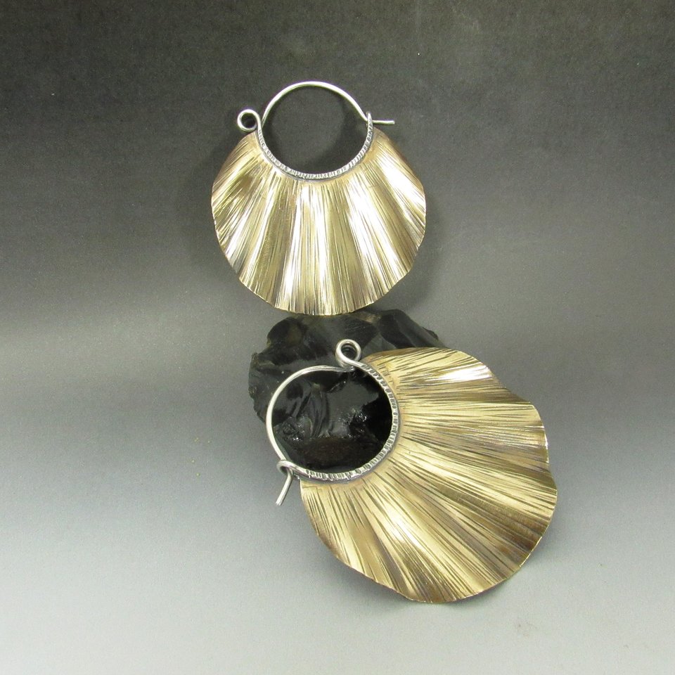 Large Ruffled Brass Earrings With sterling Silver Ear Wires, Nu Gold, Bohemian Style