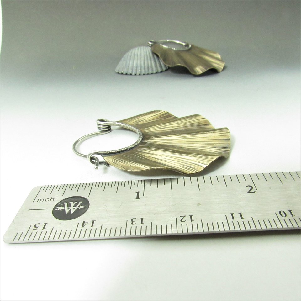 Large Ruffled Brass Earrings With sterling Silver Ear Wires, Nu Gold, Bohemian Style