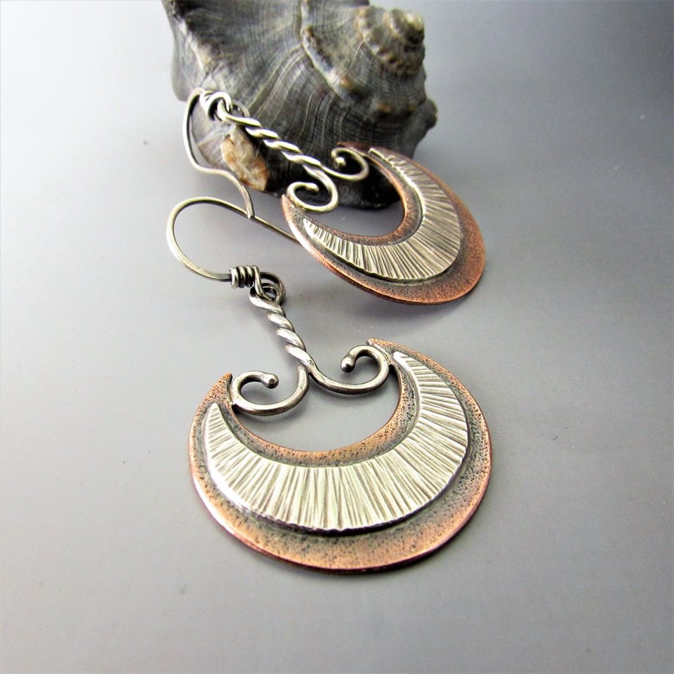 Mixed Metal, Silver And Copper Akkadian Moon Earrings