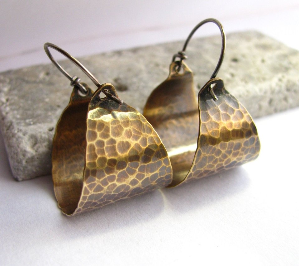 Hammered Mixed Metal Earrings, Sterling Silver And Bronze Basket Hoops