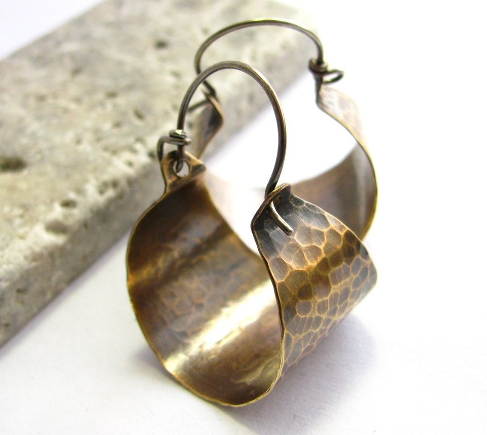 Hammered Mixed Metal Earrings, Sterling Silver And Bronze Basket Hoops