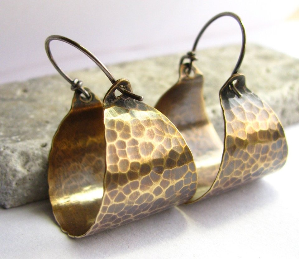 Rich texture classic basket style hoops in hammered bronze with SS ear wires Extensive hammered texture and a rich antique patina give these depth, beauty,  1 inch wide  x 1.5 tall, lightweight,  metalsmith jewelry, bohemian flair, Mocahete studio.