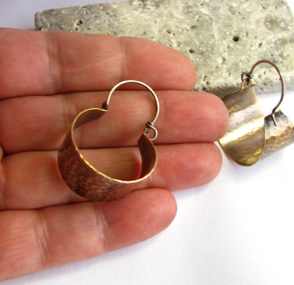 Hammered Mixed Metal Earrings, Sterling Silver And Bronze Basket Hoops