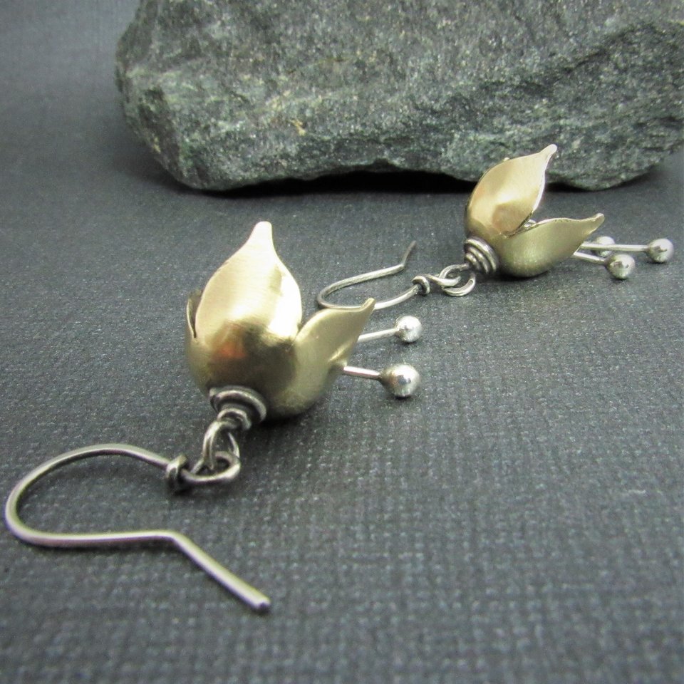Small Bell Flower Earrings, Mixed Metal Sterling Silver And Bronze Earrings, Handcrafted Metalwork Jewelry