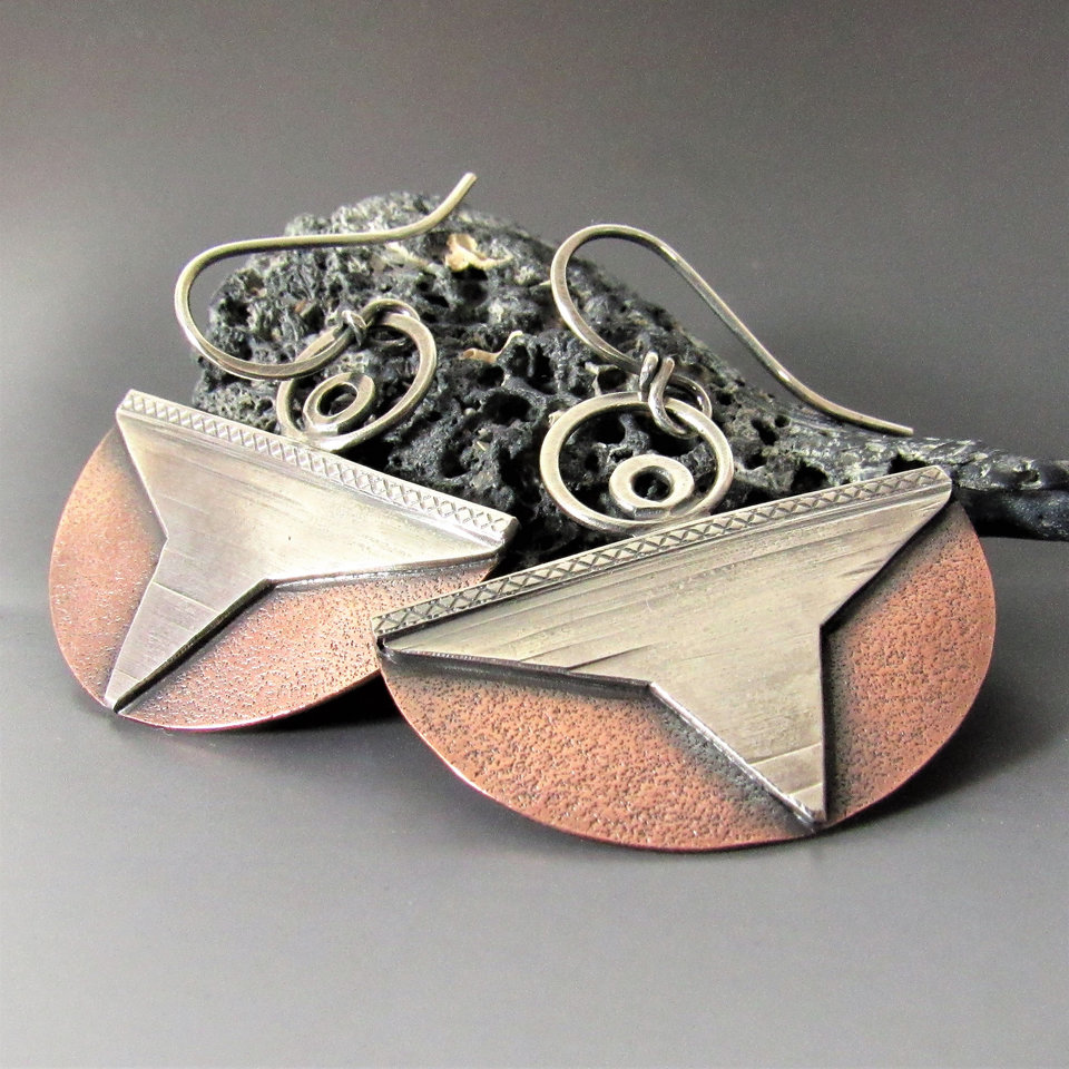 Higher Realm Mixed Metal Earrings, Abstract Angel, Copper And Sterling Silver