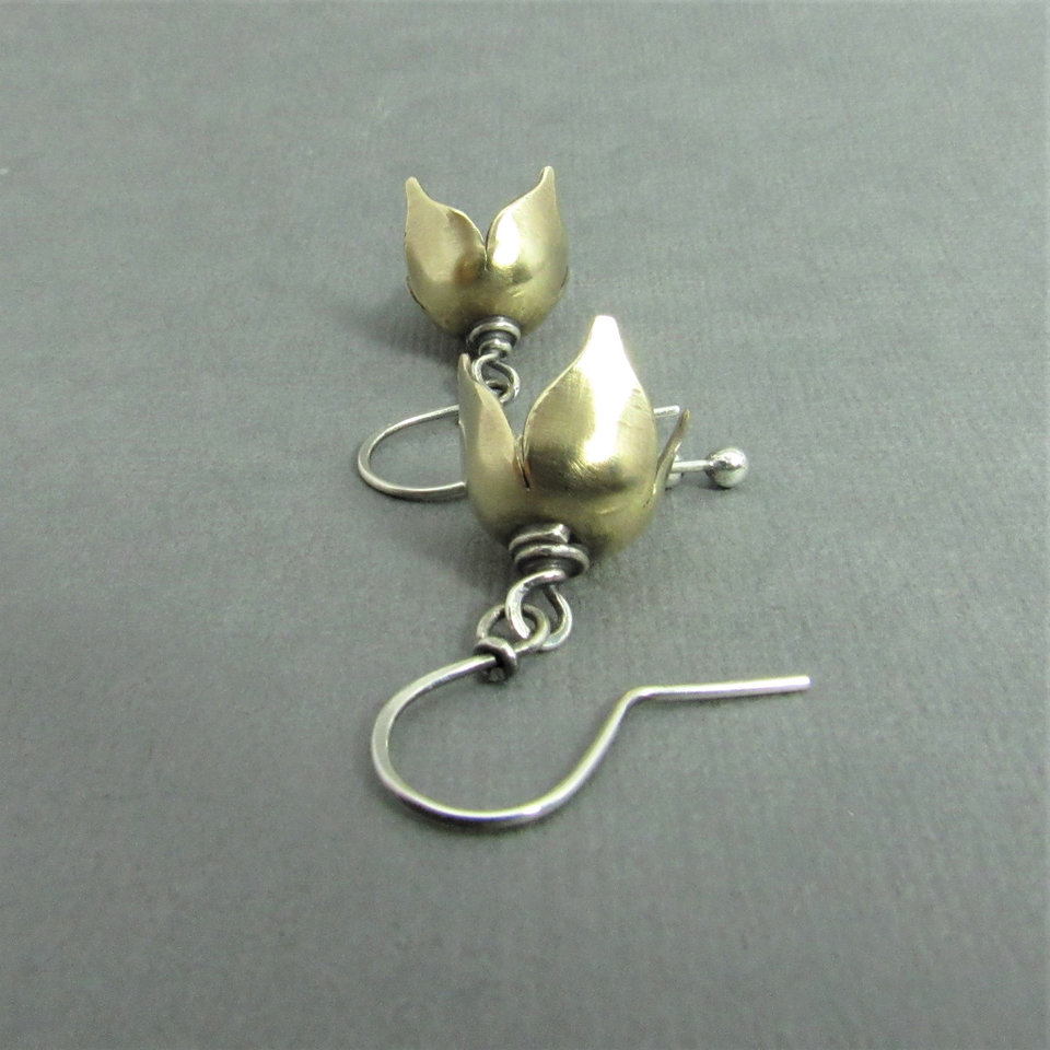 Small Bell Flower Earrings, Mixed Metal Sterling Silver And Bronze Earrings, Handcrafted Metalwork Jewelry