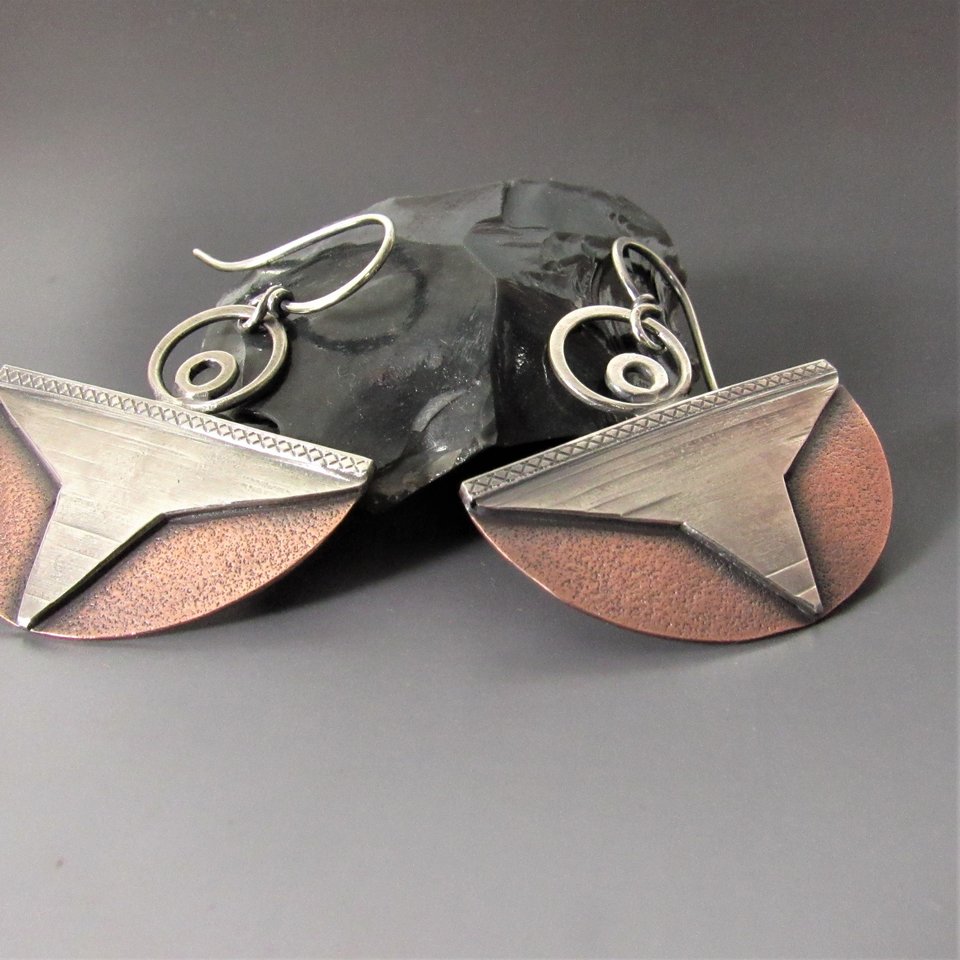 Higher Realm Mixed Metal Earrings, Abstract Angel, Copper And Sterling Silver