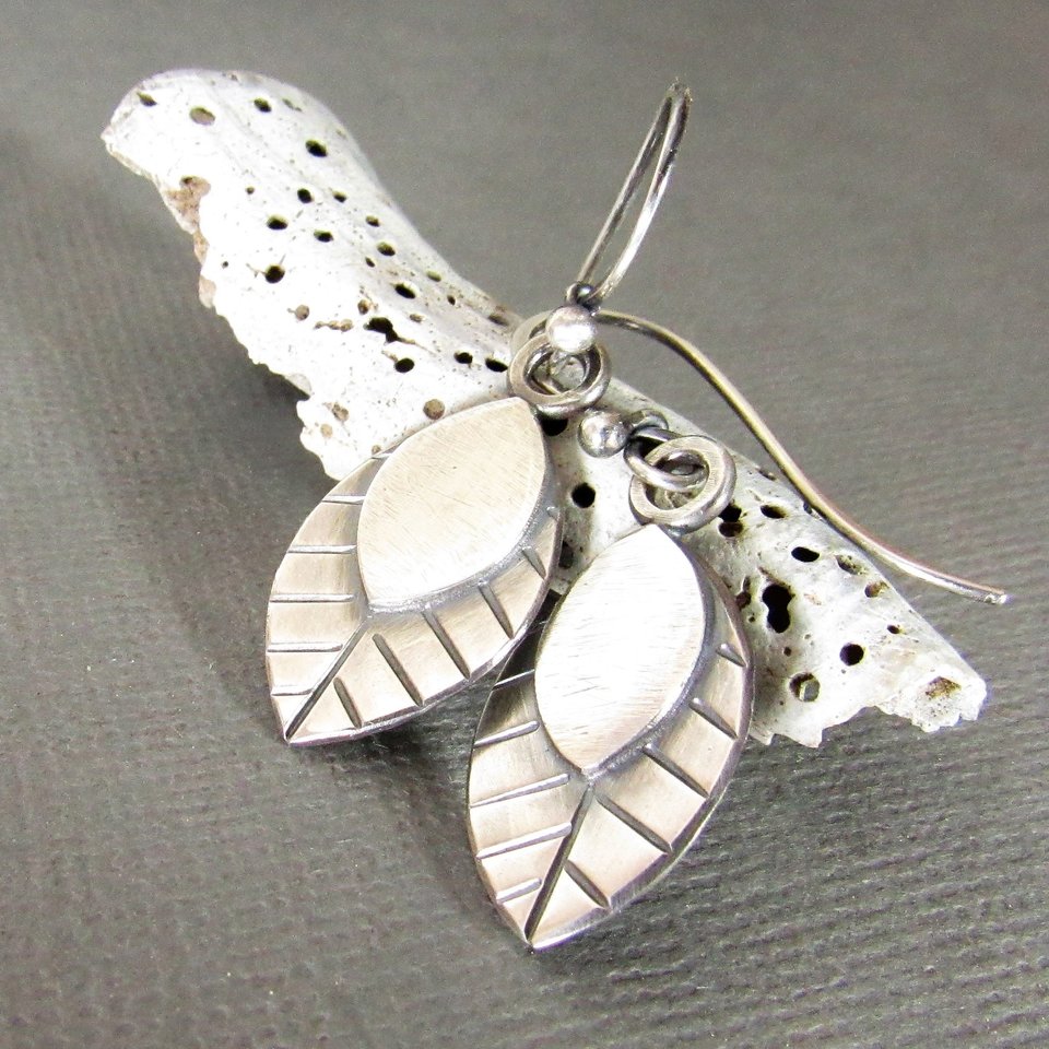 Sterling Silver Leaf Earrings, Argentium Contemporary Botanical Jewelry