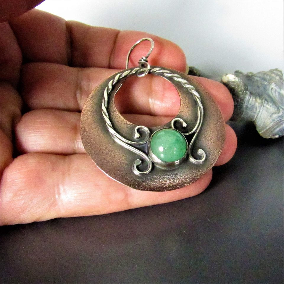 Mixed Metal, Copper And Sterling Silver Green Adventurine Earrings, Large Exotic Earrings