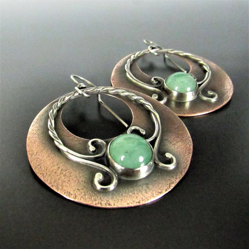 Mixed Metal, Copper And Sterling Silver Green Adventurine Earrings, Large Exotic Earrings