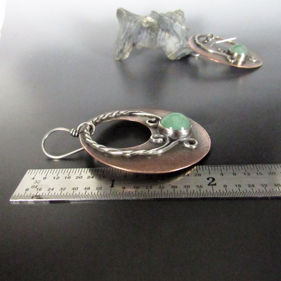 Mixed Metal, Copper And Sterling Silver Green Adventurine Earrings, Large Exotic Earrings