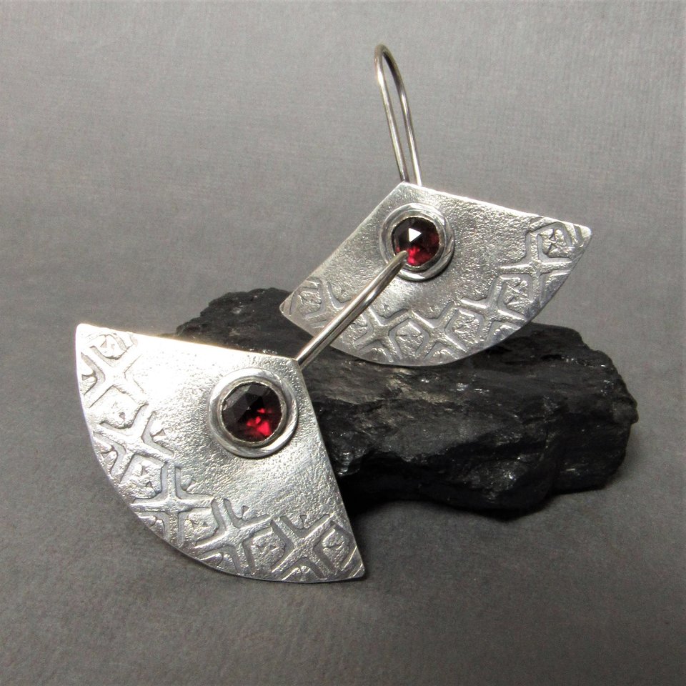 Argentium Sterling Silver And Garnet Earrings, Fan Shape, January Birthstone