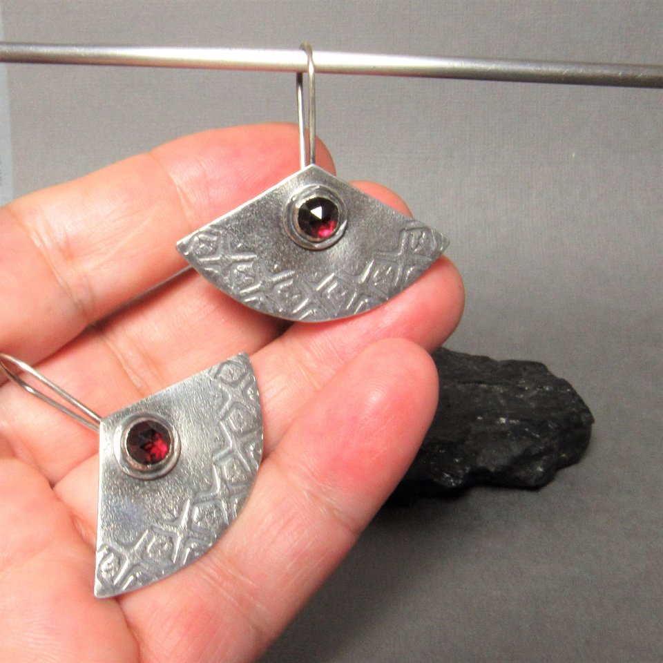 Argentium Sterling Silver And Garnet Earrings, Fan Shape, January Birthstone