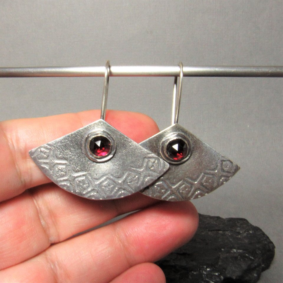 Argentium Sterling Silver And Garnet Earrings, Fan Shape, January Birthstone