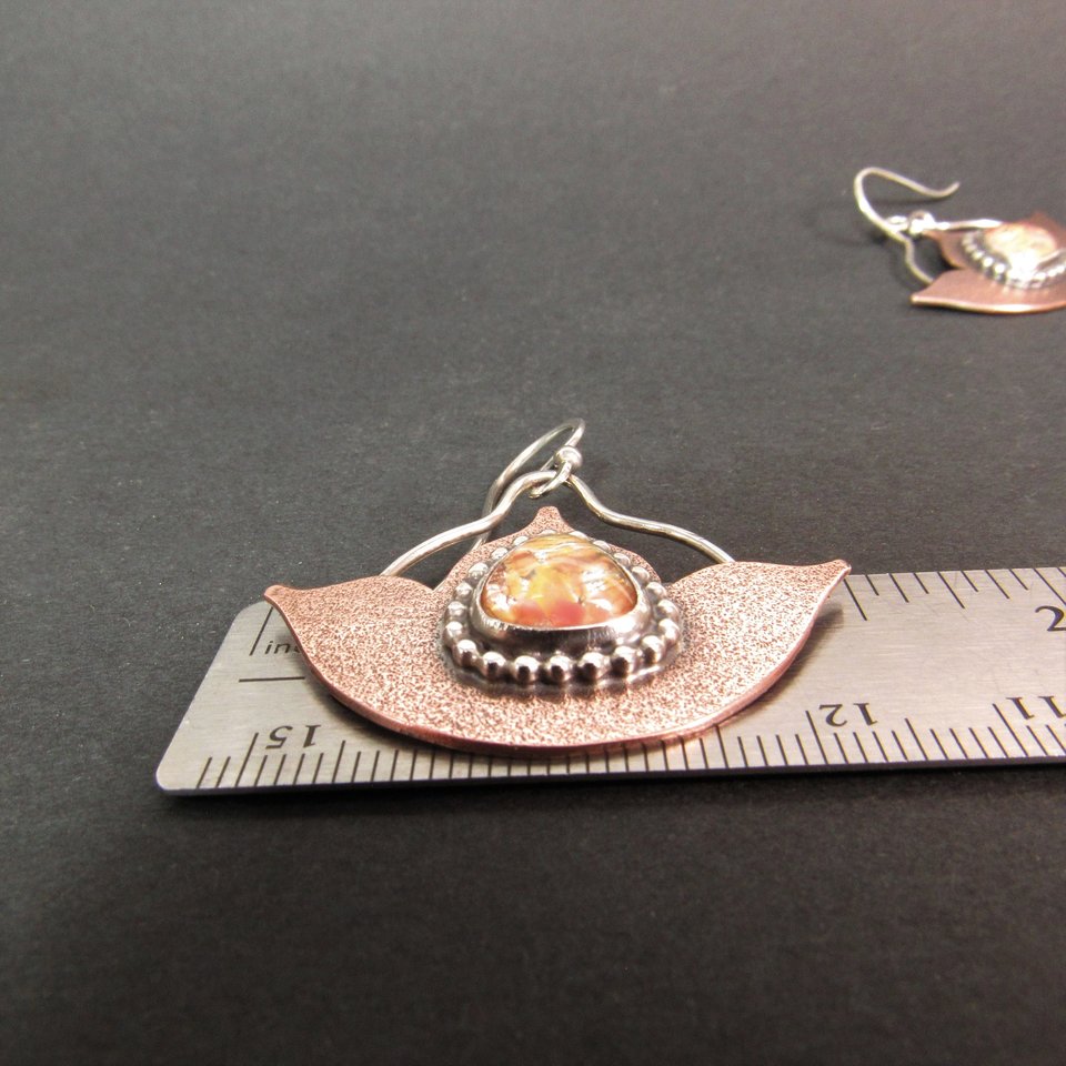 Art Deco Lotus Sterling Silver And Copper Earrings, Mixed Metal And Vintage Cabochons