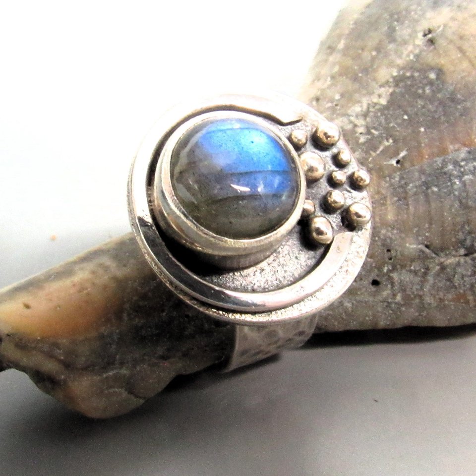 Labradorite Moon Ring, Sterling Silver Celestial, Lunar Jewelry, Size 7.75 or 8