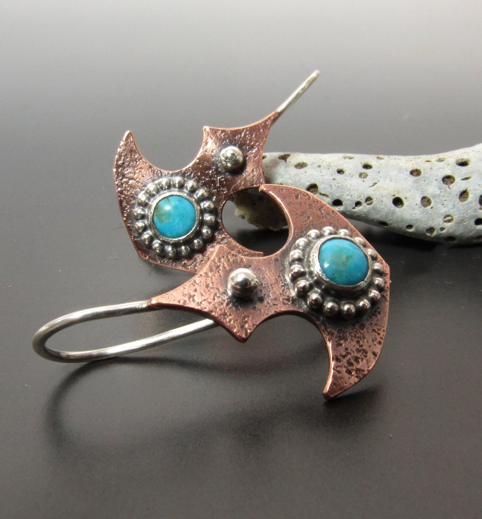 Mixed Metal Turquoise Earrings With Tribal Flair, Copper And Argentium Sterling Silver